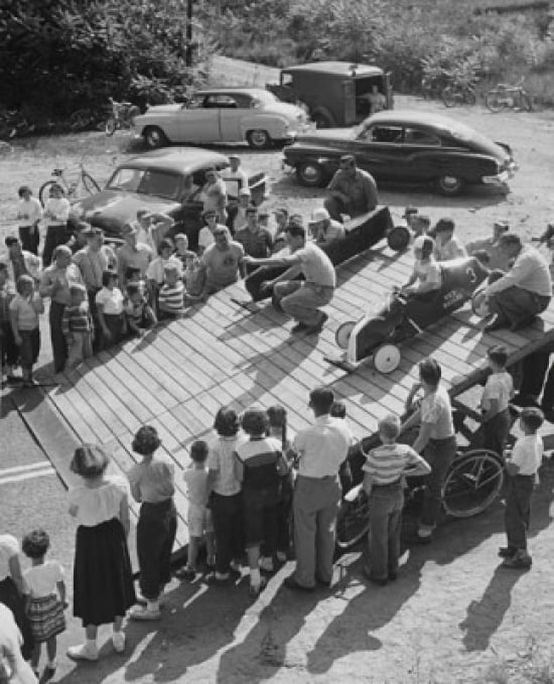 High angle view of a group of people watching a soap box car derby race Canvas Art - (18 x 24)
