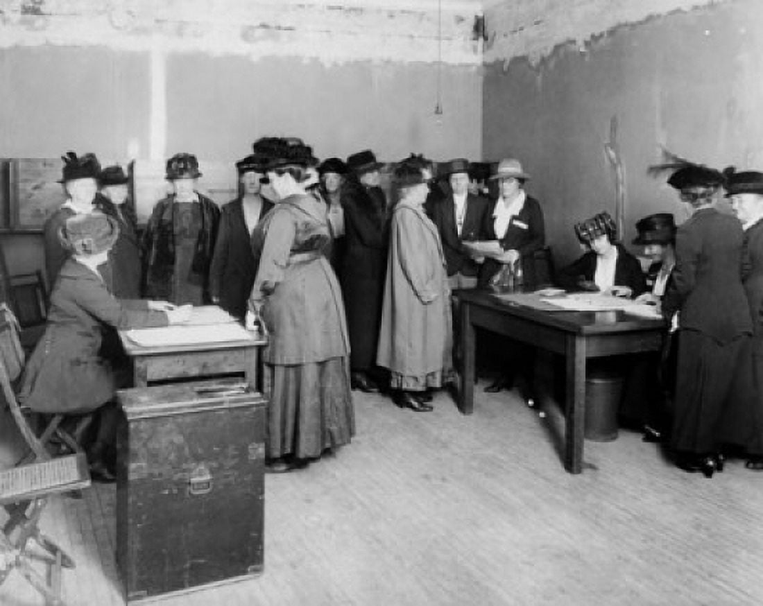 High angle view of a group of suffragettes in an office Canvas Art - (24 x 36)