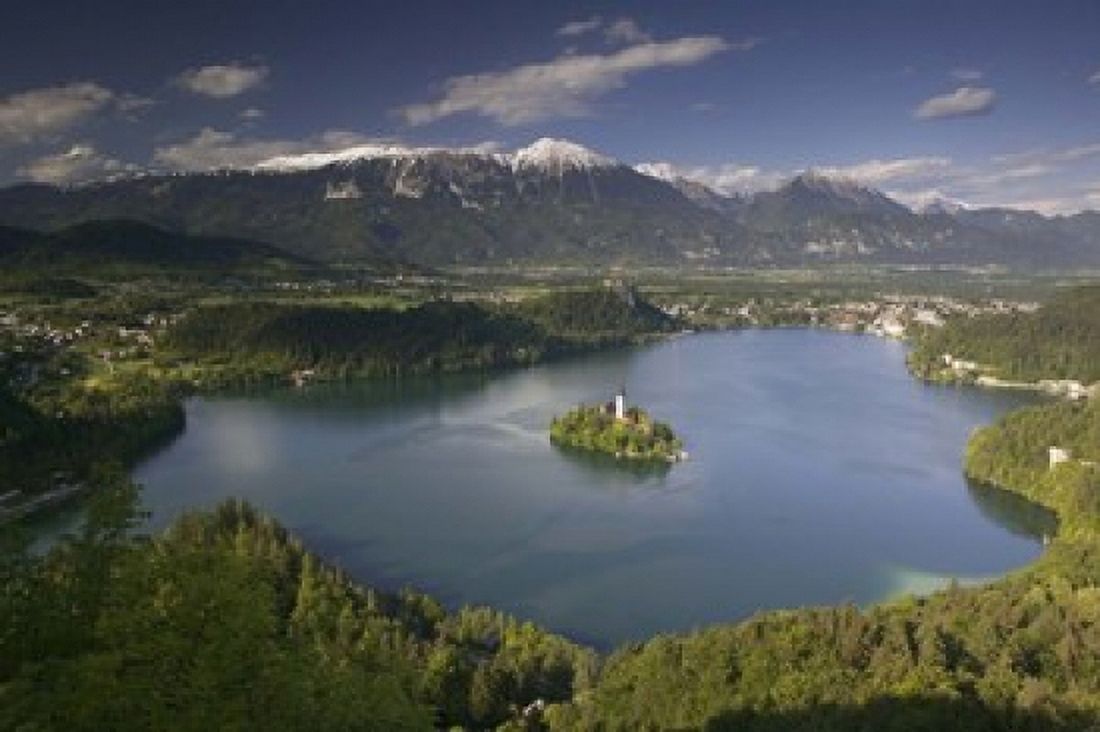 High angle view of a lake Lake Bled Julian Alps Bled Gorenjska Slovenia Canvas Art - Panoramic Images (16 x 11)