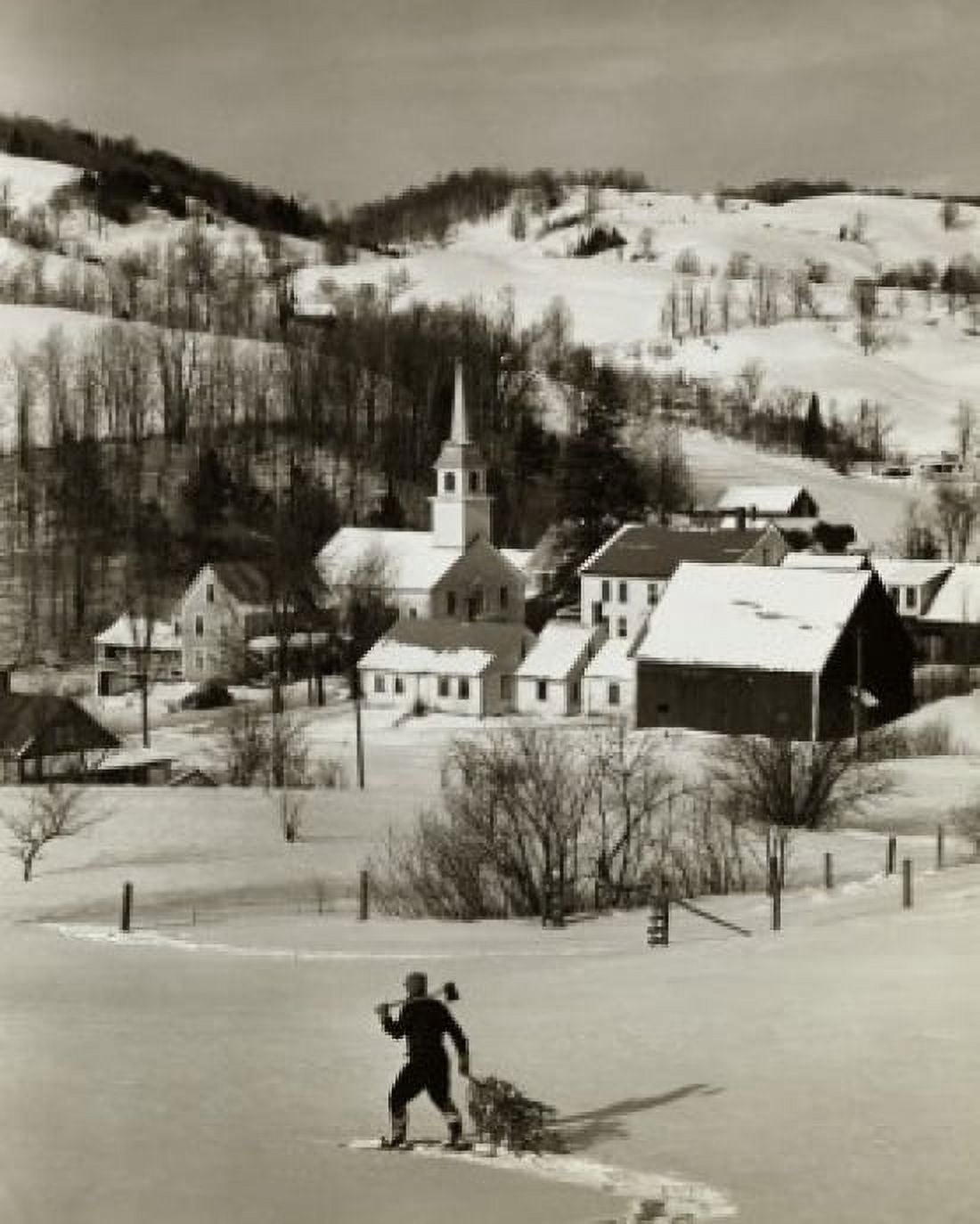 High angle view of a man pulling a Christmas tree on a snow covered landscape Canvas Art - (18 x 24)