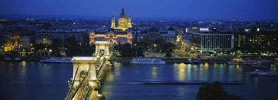 High angle view of a suspension bridge lit up at dusk Chain Bridge Danube River Budapest Hungary Canvas Art - Panoramic Images (36 x 13)