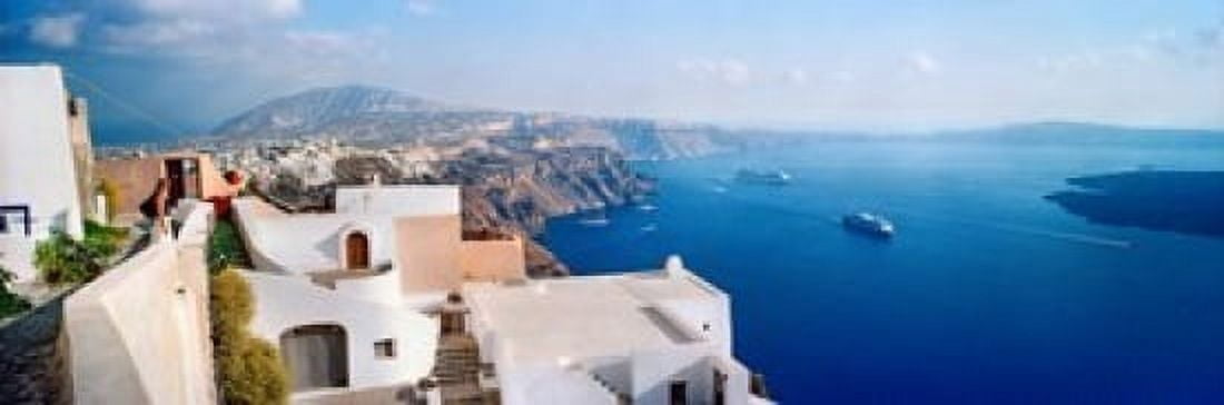 High angle view of a town at coast Santorini Cyclades Islands Greece Canvas Art - Panoramic Images (36 x 12)