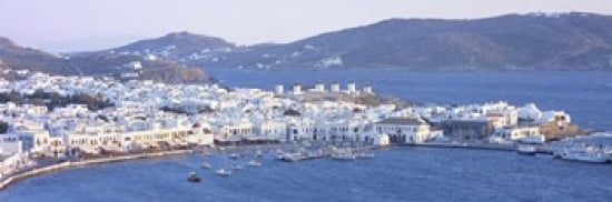 High angle view of a town on the waterfront Mykonos harbor Cyclades Islands Greece Canvas Art - Panoramic Images (36 x 12)