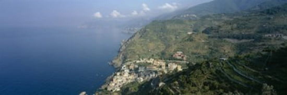 High angle view of a village at the coast Riomaggiore La Spezia Liguria Italy Canvas Art - Panoramic Images (18 x 6)
