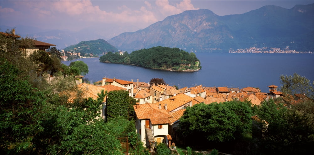 High angle view of a village at the waterfront Sala Comacina Lake Como Como Lombardy Italy Canvas Art - Panoramic Images (12 x 24)