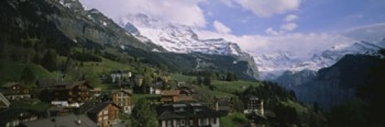 High angle view of a village on a hillside Wengen Switzerland Canvas Art - Panoramic Images (36 x 12)