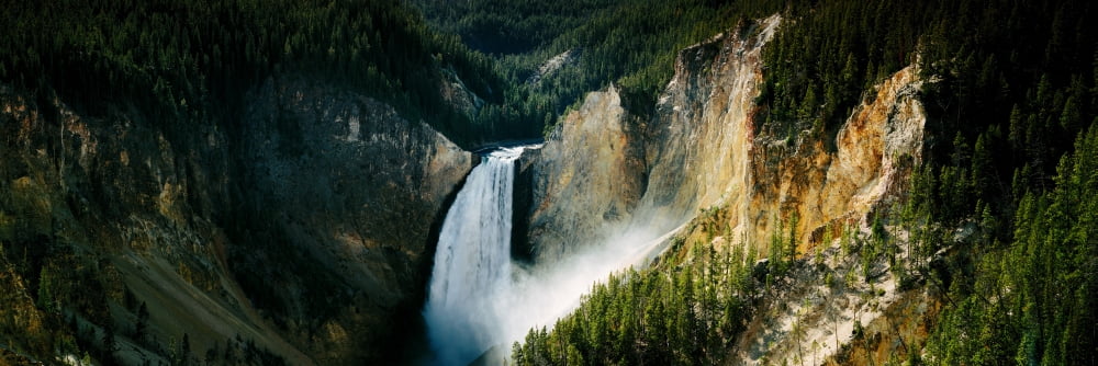 High angle view of a waterfall in a forest Lower Falls Yellowstone River Yellowstone National Park Wyoming USA Canvas Art - Panoramic Images (6 x 18)