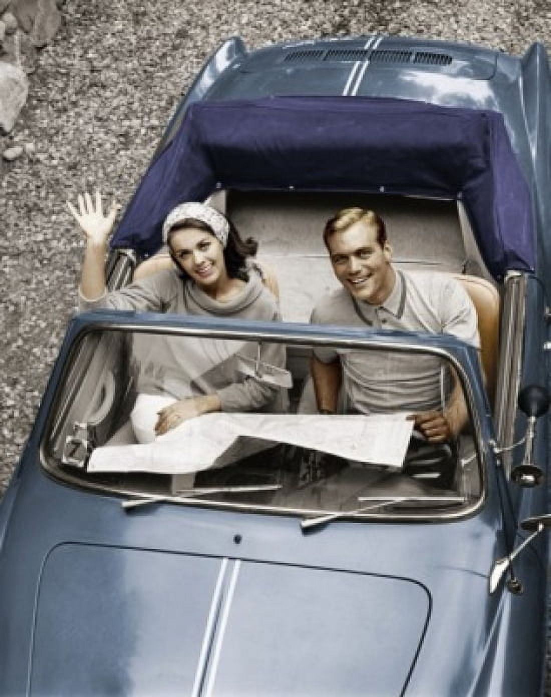 High angle view of a young couple sitting in a convertible car Canvas Art - (18 x 24)