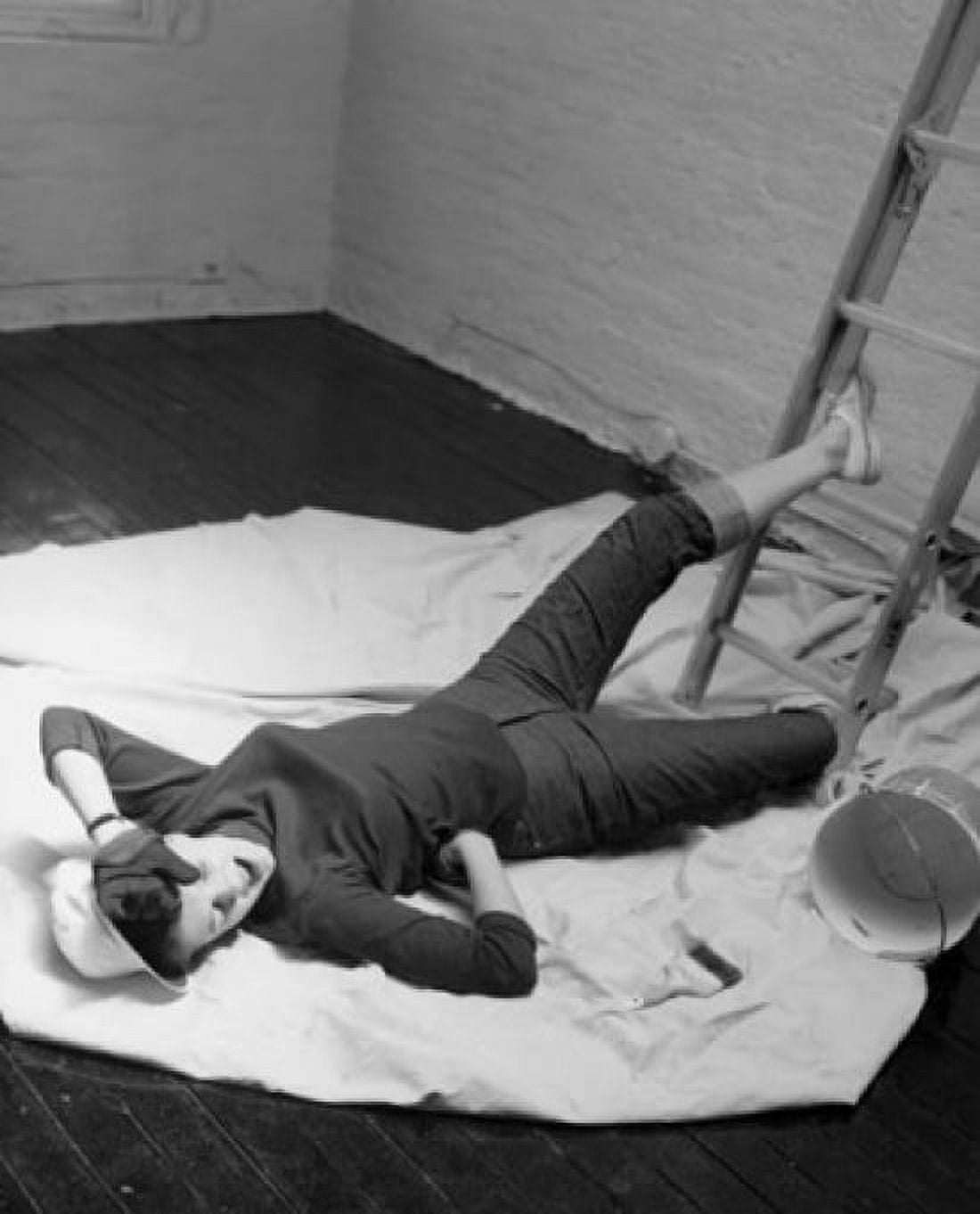 High angle view of a young woman falling from a ladder on to the floor Canvas Art - (18 x 24)