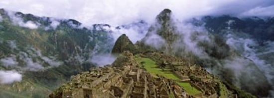 High angle view of an archaeological site Inca Ruins Machu Picchu Cusco Region Peru South America Canvas Art - Panoramic Images (36 x 13)