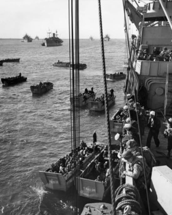 High angle view of army soldiers in a military ship Normandy France D-Day June 6 1944 Canvas Art - (18 x 24)