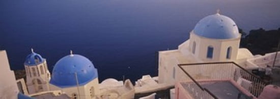 High angle view of blue domed church at the coast Oia Santorini Greece Canvas Art - Panoramic Images (36 x 13)
