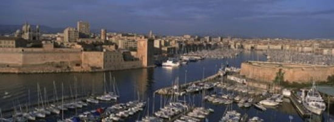 High angle view of boats docked at a port Old Port Marseille Bouches-Du-Rhone Provence-Alpes-Cote Daze France Canvas Art - Panoramic Images (18 x 7)