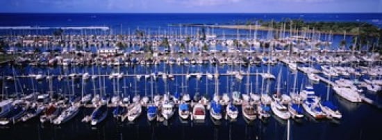 High angle view of boats in a row Ala Wai Honolulu Hawaii USA Canvas Art - Panoramic Images (36 x 13)