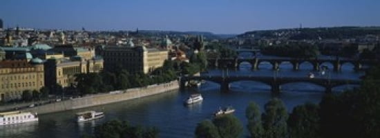 High angle view of bridges across a river Charles Bridge Vltava River Prague Czech Republic Canvas Art - Panoramic Images (36 x 13)