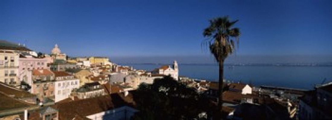 High angle view of buildings in a city Alfama Lisbon Portugal Canvas Art - Panoramic Images (18 x 7)