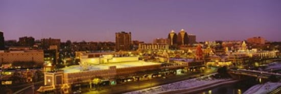 High angle view of buildings lit up at dusk Kansas City Missouri USA Canvas Art - Panoramic Images (36 x 12)