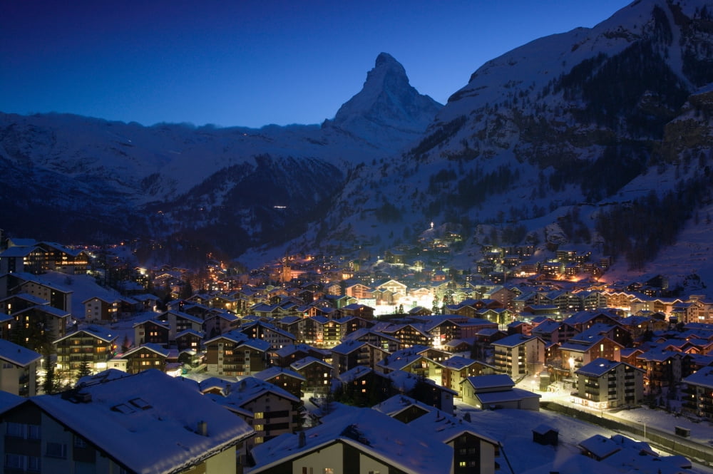 High angle view of buildings lit up at dusk Matterhorn Zermatt Switzerland Canvas Art - Panoramic Images (36 x 12)