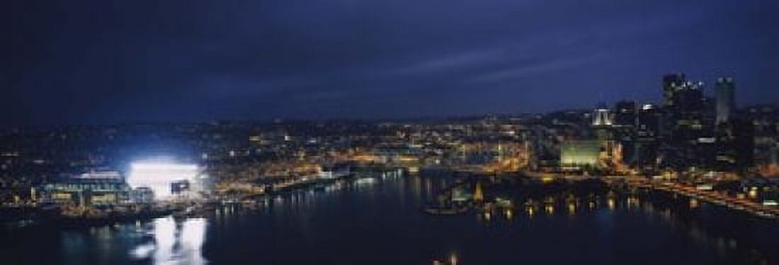 High angle view of buildings lit up at night Heinz Field Pittsburgh Allegheny county Pennsylvania USA Canvas Art - Panoramic Images (18 x 7)
