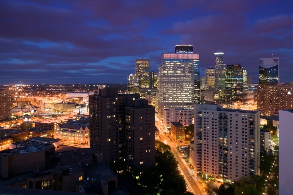 High angle view of buildings lit up at night Minneapolis Minnesota USA Canvas Art - Panoramic Images (36 x 12)