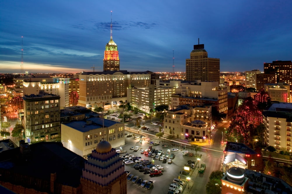 High angle view of buildings lit up at night San Antonio River Walk San Antonio Texas USA Canvas Art - Panoramic Images (36 x 12)