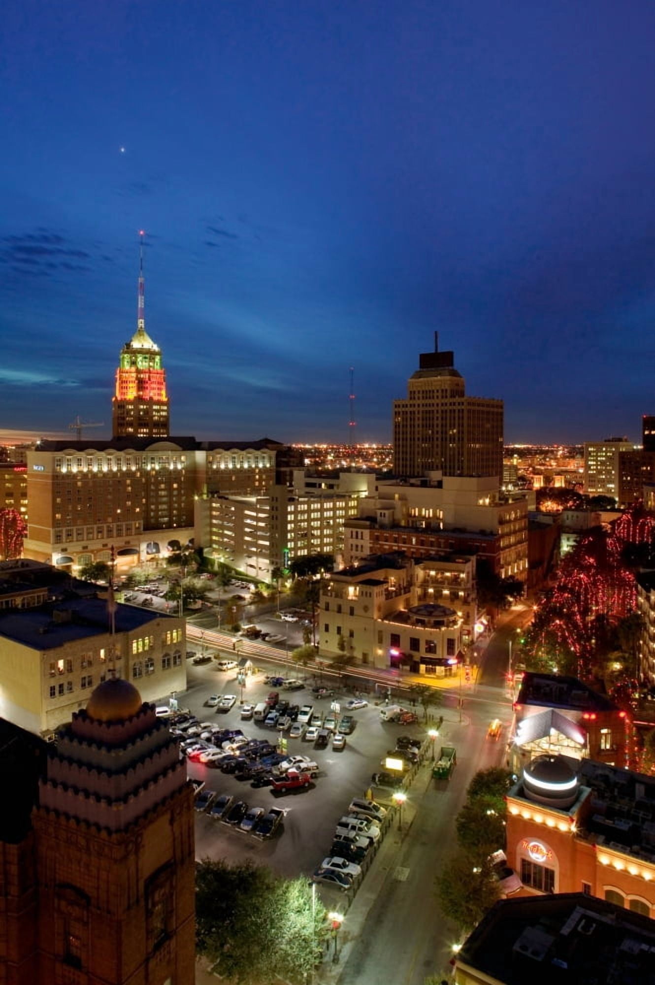 High angle view of buildings lit up at night San Antonio Texas USA Canvas Art - Panoramic Images (36 x 12)