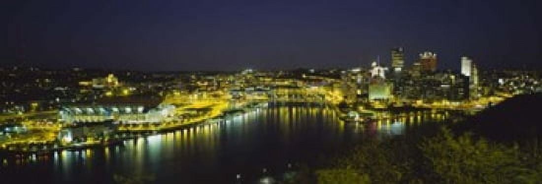 High angle view of buildings lit up at night Three Rivers Area Pittsburgh Pennsylvania USA Canvas Art - Panoramic Images (18 x 7)