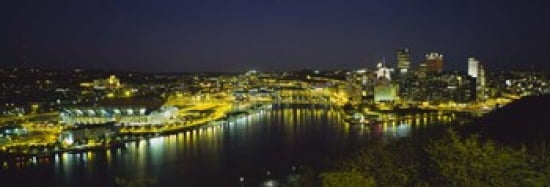 High angle view of buildings lit up at night Three Rivers Area Pittsburgh Pennsylvania USA Canvas Art - Panoramic Images (36 x 13)