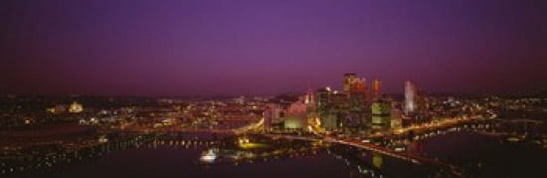 High angle view of buildings lit up at night Three Rivers Stadium Pittsburgh Pennsylvania USA Canvas Art - Panoramic Images (18 x 6)