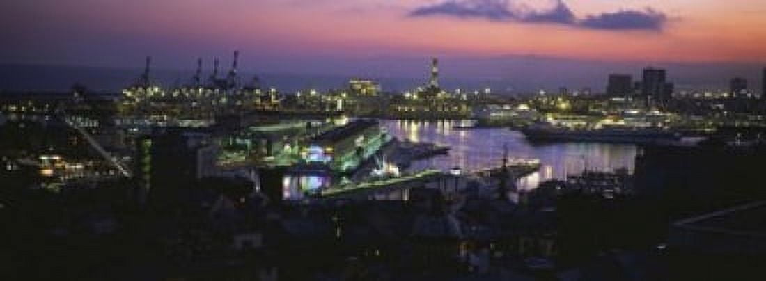 High angle view of city at a port lit up at dusk Genoa Liguria Italy Canvas Art - Panoramic Images (18 x 7)