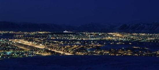 High angle view of city lit up at night Reykjavik Iceland Canvas Art - Panoramic Images (30 x 14)