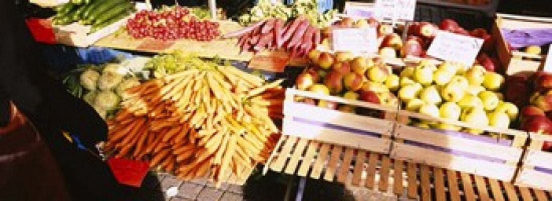 High angle view of fruits and vegetables in a vegetable stand Stuttgart Germany Canvas Art - Panoramic Images (18 x 7)