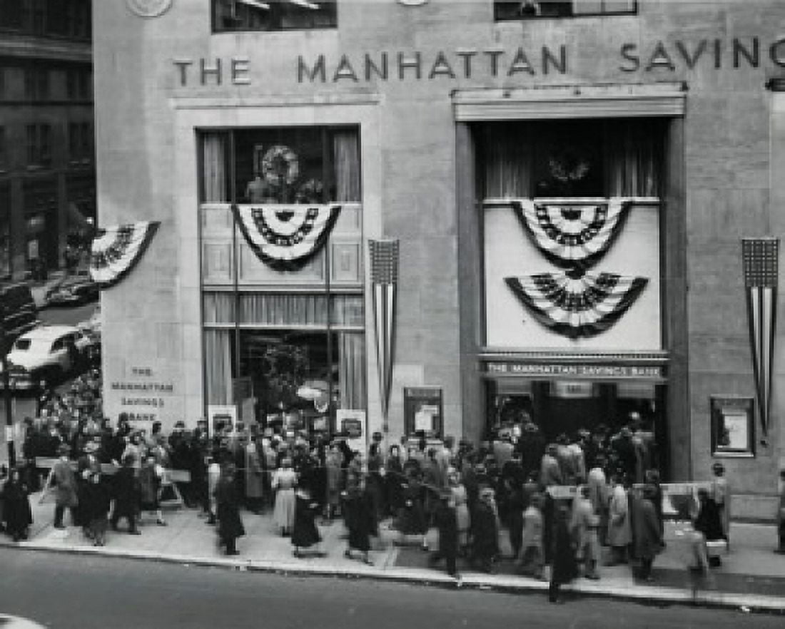 High angle view of large group of people waiting in line in front of a bank building Canvas Art - (18 x 24)