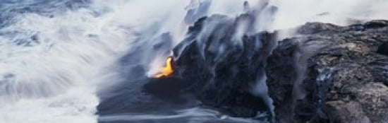 High angle view of lava flowing into the Pacific Ocean Volcano National Park Hawaii USA Canvas Art - Panoramic Images (36 x 12)