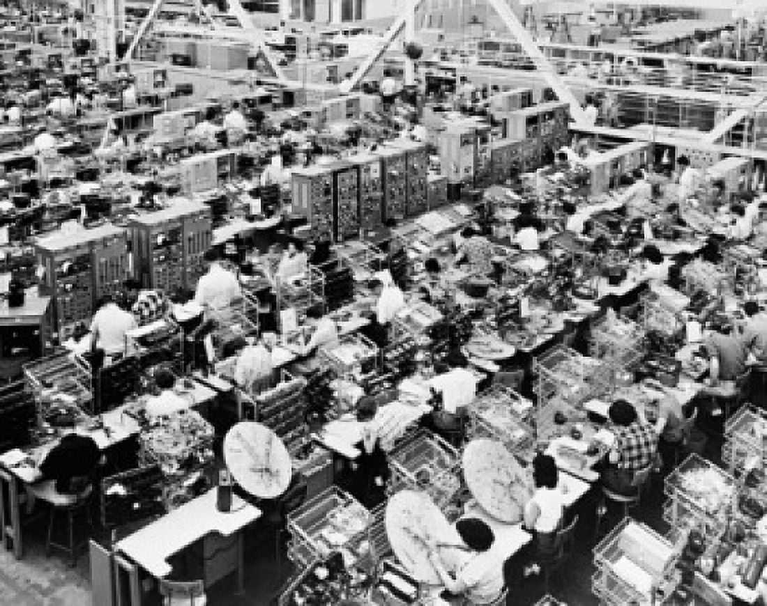 High angle view of manual workers working in an industry North American Aviation California USA Canvas Art -  (18 x 24)