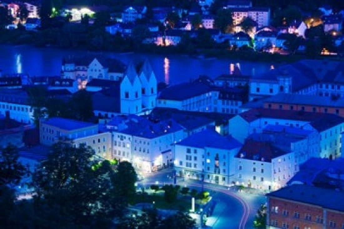 High angle view of old town buildings at night Passau Bavaria Germany Canvas Art - Panoramic Images (36 x 24)