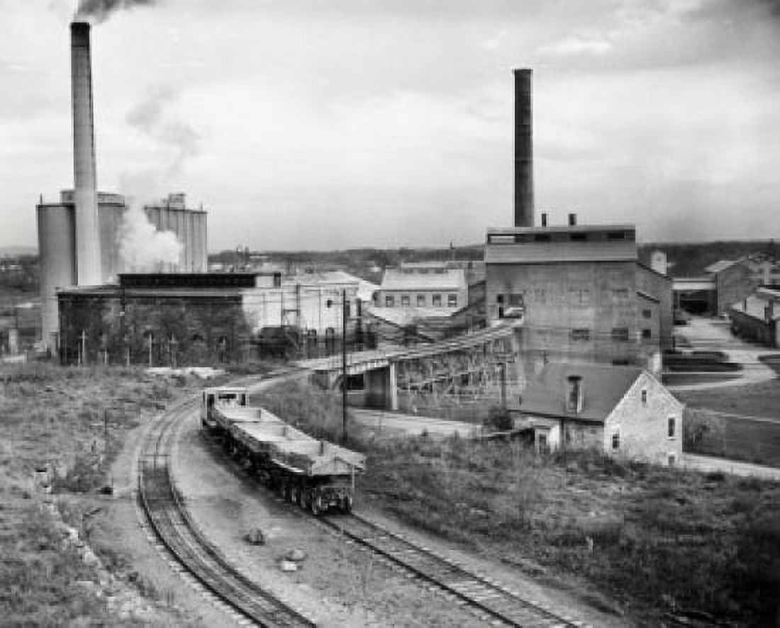 High angle view of rail road tracks leading towards a factory Canvas Art - (18 x 24)