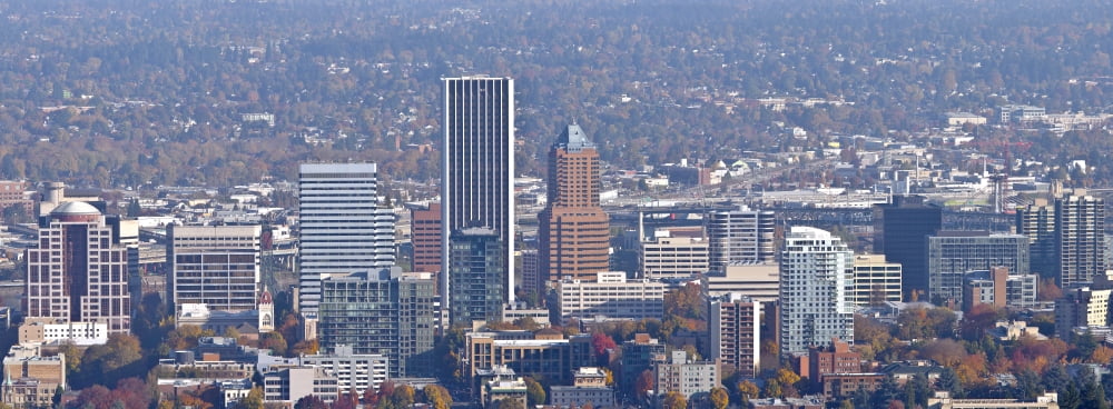 High angle view of skylines at sunset from Pittock Mansion Portland Multnomah County Oregon USA Canvas Art - Panoramic Images (36 x 12)