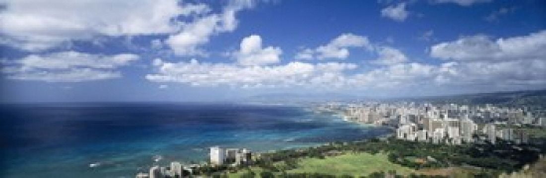 High angle view of skyscrapers at the waterfront Honolulu Oahu Hawaii Islands USA Canvas Art - Panoramic Images (18 x 6)