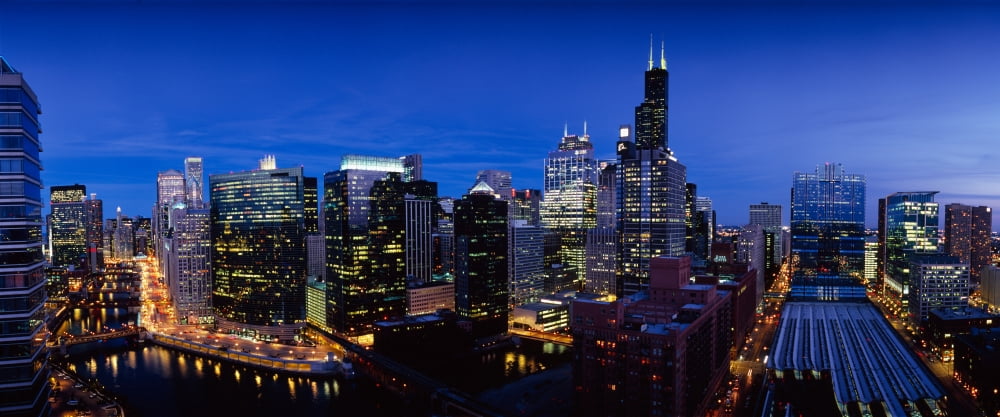 High angle view of skyscrapers lit up at night Chicago Illinois USA Canvas Art - Panoramic Images (27 x 9)