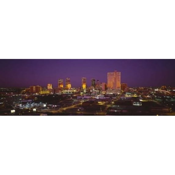 High angle view of skyscrapers lit up at night, Dallas, Texas, USA Poster Print (18 x 6)