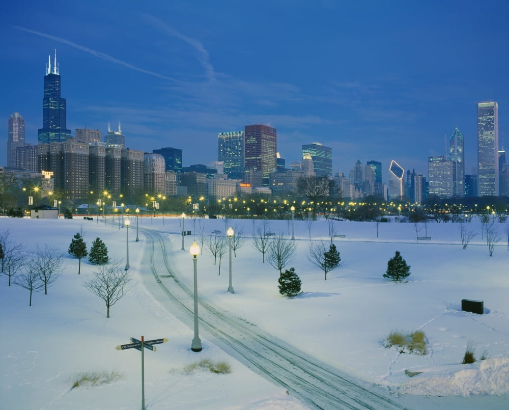 High angle view of snow covered landscape with buildings in the background Chicago Illinois USA Canvas Art - Panoramic Images (28 x 22)