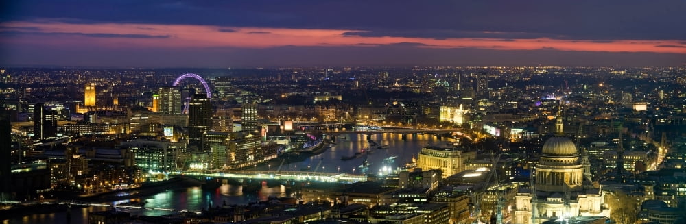 High angle view of the city lit up at dusk from Tower 42 London England Canvas Art - Panoramic Images (27 x 9)