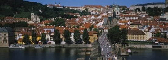 High angle view of tourists on a bridge Charles Bridge Vltava River Prague Czech Republic Canvas Art - Panoramic Images (36 x 13)