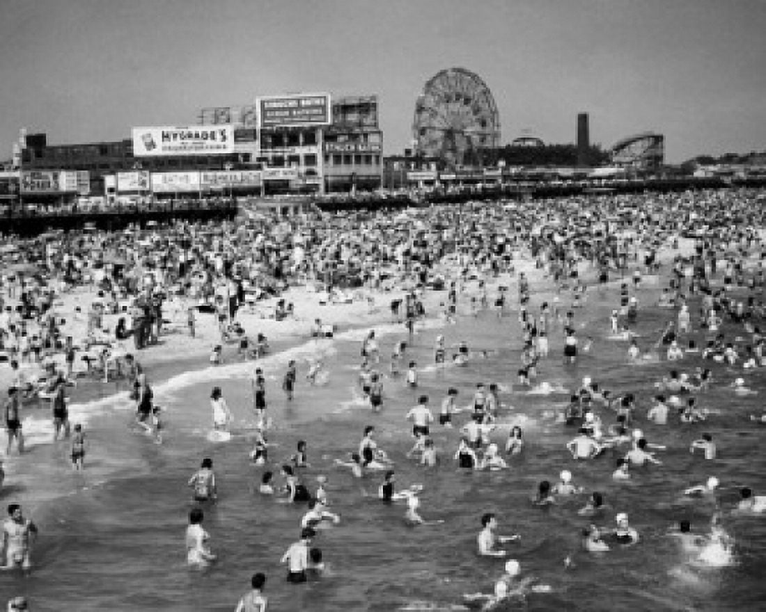 High angle view of tourists on the beach Coney Island Brooklyn New York City USA Canvas Art - (18 x 24)