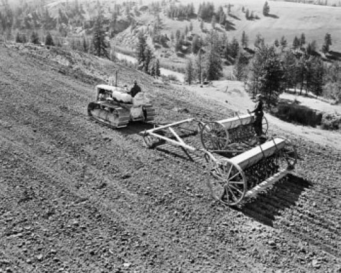 High angle view of two farmers sowing wheat in a field Colfax Washington State USA Canvas Art - (18 x 24)