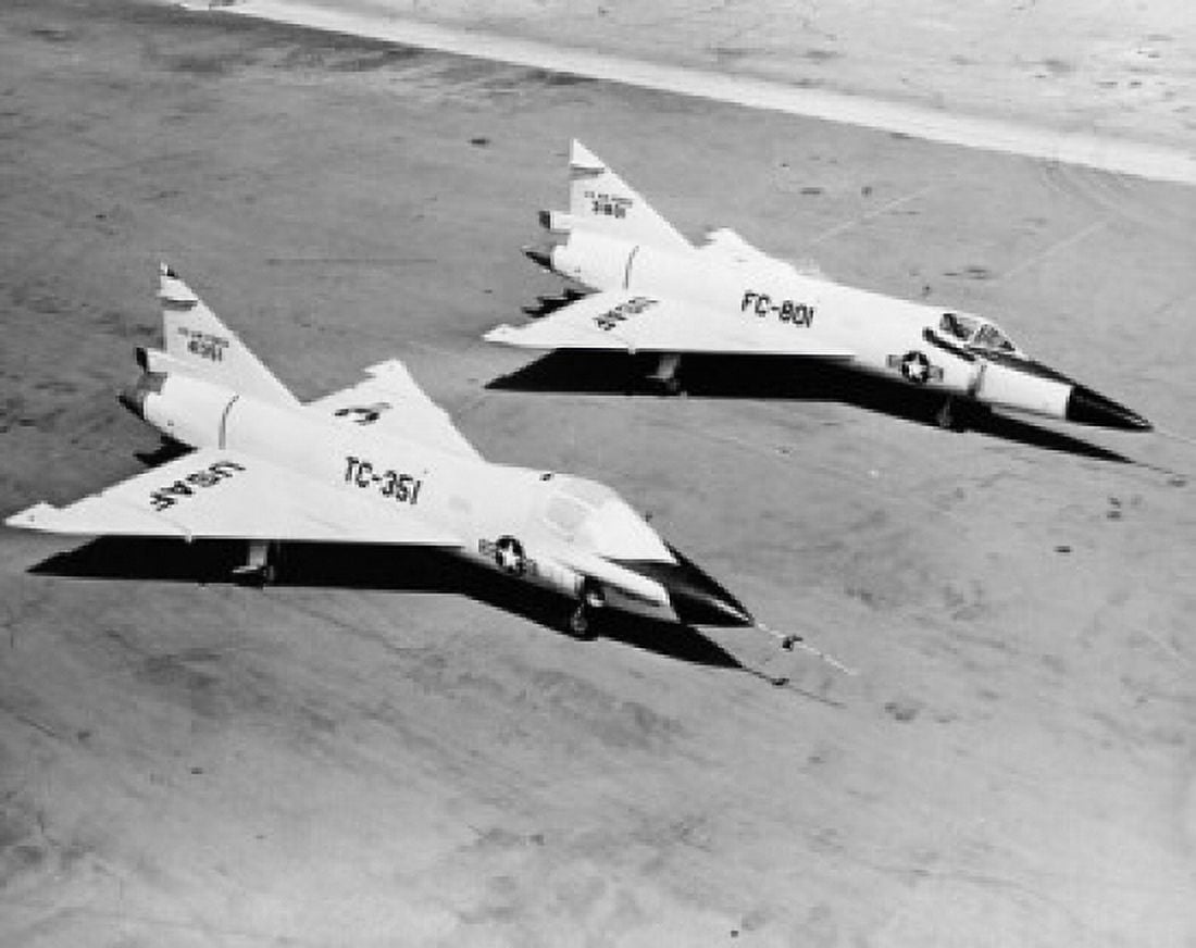 High angle view of two fighter planes on a military base Convair F-102A Delta Dagger Canvas Art - (24 x 36)