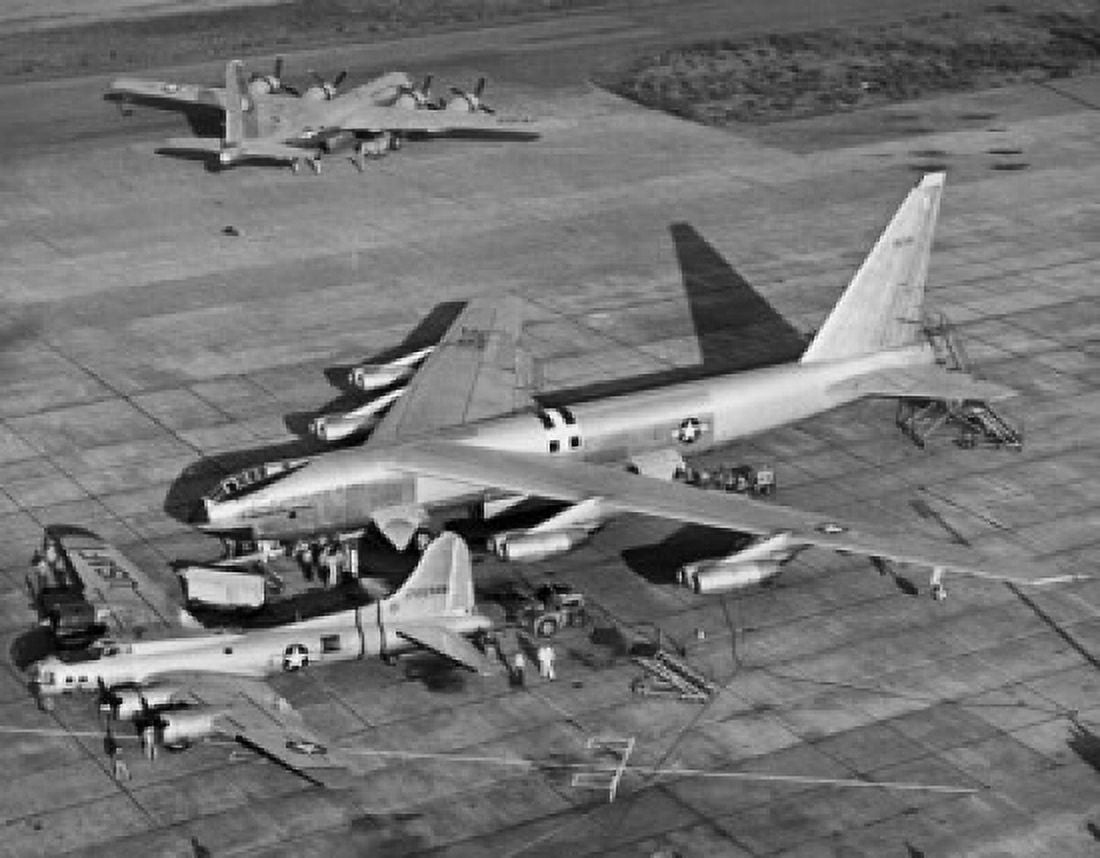 High angle view of two military airplanes on a military base B-52 Stratofortress Boeing SB-17 B-50 Superfortress Canvas Art -  (24 x 36)