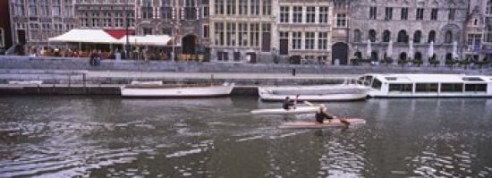 High angle view of two people kayaking in the river Leie River Graslei Ghent Belgium Canvas Art - Panoramic Images (36 x 13)
