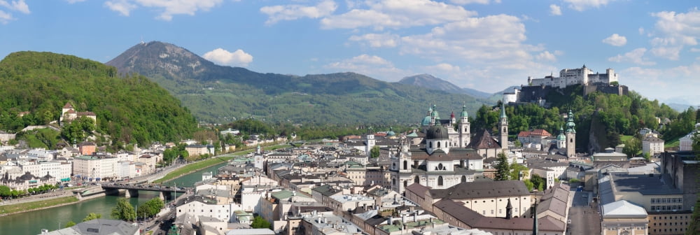 High angle view of the old town with Hohensalzburg Castle Dom Cathedral Kapuzinerkirche Church Salzburg Salzburger Land Austria Canvas Art - Panoramic Images (36 x 12)